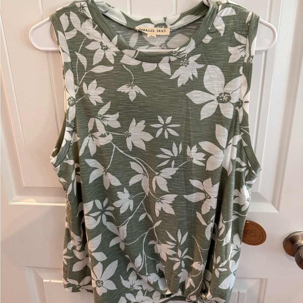 Floral Sleeveless Top - Green and White